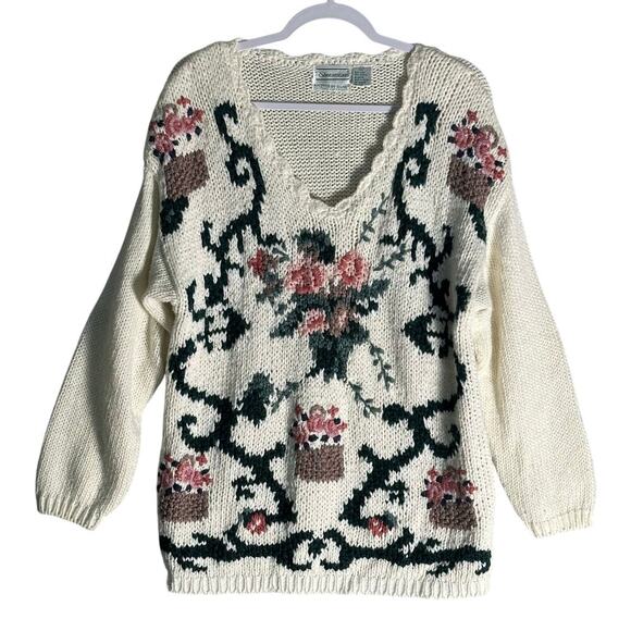 Shenanigans Sz L Vintage Hand Knit V-Neck Chunky‎ Sweater Floral Grandma Cottage - Picture 1 of 11